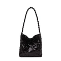 Borsa a spalla da donna con paillettes nere con tracolla a corda intrecciata e stile glitter - Nero