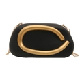 Minimalist black leather clutch with abstract gold metal buckle and chain strap - Black