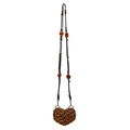 Handmade heart-shaped woven wood bead mini bag in dark brown with black strap - Brown