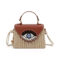 Bolso de paja beige hecho a mano con cuero marrón y decoración de ojo turco bordado - Marrón