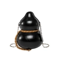 Unique black gourd-shaped mini shoulder bag with glossy finish and silver chain strap - Black