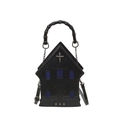 Gothic castle cross handbag in black textured PU leather with bamboo handle and strap - Blue
