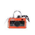 Vintage orange camera-shaped box bag with a patterned scarf handle and chain strap - Orange