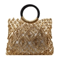 Borsa da spiaggia intrecciata dorata con manici tondi neri e fodera bianca - Oro