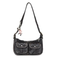 Borsa sottobraccio in denim nero lavato retrò con tasche cargo e ciondolo cane palloncino - Nero Denim