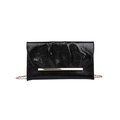 Women's black ruched chain shoulder bag with elegant gold metal accent and glossy finish - Black