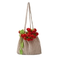 Borsa a spalla all'uncinetto con rose rosse e frange di foglie su maglia beige - Rosso