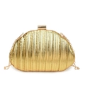 Metallic gold shell clutch bag with pleated texture and gold chain for evening parties - Gold
