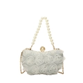 Elegante borsa da sera in pizzo bianco con manico in perle e tracolla dorata - Argento