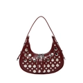 Dark red leather hobo bag with silver rivets and double zipper on white background - Burgundy