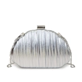 Silver metallic shell clutch bag with vertical pleats and sleek chain shoulder strap - Silver