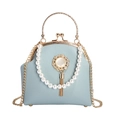 Light blue beaded shell handbag with golden metal handle and fringe tassel detail - Pendant Blue