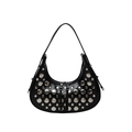 Glossy black crescent shoulder bag with silver metallic rivets and punk style design - Black