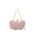 Borsa da sera rosa con rose in rete 3D ed elegante manico in perle sintetiche - Rosa