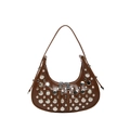 Retro brown crescent hobo bag with silver stud accents and adjustable shoulder strap - Brown