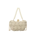 Beige floral evening clutch bag with textured 3D roses and elegant pearl top handle - Gold (9466)