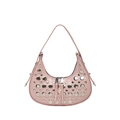Pink crescent hobo bag with silver metallic rivets and double zipper top on white background - Pink