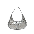 Silver crescent shoulder bag with metallic rivets in Y2K punk style on white background - Silver