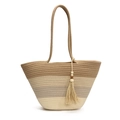 Grande borsa shopper intrecciata con strisce colorate, nappe e perline in stile boho - Cachi