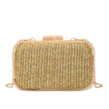 Schicke gewebte Stroh-Abendtasche mit Holzrahmen und goldener Kette für Damen - Khaki
