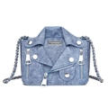 Fashionable denim crossbody bag in motorcycle jacket style with silver rivets and zippers - Dark Blue