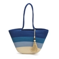 Borsa tote in tessuto sfumato blu con ciondolo a nappa e manici in corda lunghi - Blu