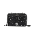 Quilted black leather mini crossbody bag with silver studs and rose metal charm - Black