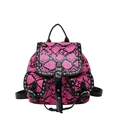 Fuchsia snakeskin backpack with silver studs and belt accents on a white background - Rose Red