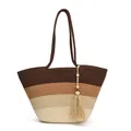 Grande borsa tote intrecciata con blocchi di colore marrone e dettagli a frange - Marrone