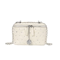 Quilted vanity shoulder bag in cream white with rhinestones and rose pendant - White