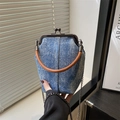 Retro denim clasp handbag with silver sequins, leather handle and metal chain strap - Sky Blue