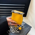 Mini yellow lychee pattern leather kiss-lock coin purse with silver metal chain strap - One Size / Yellow
