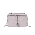 Lavender quilted leather crossbody bag with silver chain and camellia floral pendant - Pink