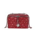 Red quilted box bag with diamond studs and floral metal charm for stylish women - Red