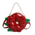 Borsa a mano floreale a rosa rossa con manico di perle bianche e foglie verdi - Rosso