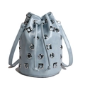 Light blue metallic leather bucket bag with silver grommets and drawstring closure - Blue