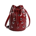 Chic burgundy bucket bag with punk-style metal rivets and drawstring chain strap - Red