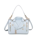 Light blue biker jacket style handbag with gold studs and removable shoulder strap - Motorcycle Jacket Style (15605) / Blue