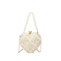 Elegante borsa da sera a cuore in pizzo con manico di perle e chiusura in cristallo - Bianco Sporco