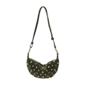 Olive green crescent shoulder bag with golden rivets and metal eyelets on soft suede - Green