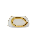 Chic white leather evening bag with prominent gold C-clasp and metallic chain strap - Light Gray