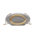 Silver oval evening clutch with gold C-shaped metal hardware and fine snake chain - Silver