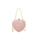 Borsa a cuore rosa in pizzo con rose 3D, manico di perle e catena dorata - Rosa