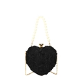 Borsa a cuore in pizzo nero con manico di perle e tracolla a catena dorata - Nero