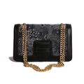 Retro black leather crossbody bag with embroidered floral pattern and gold chain strap - Black