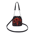 Black corduroy bucket bag with red embroidered hearts and silver metal chain strap - Black