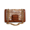 Vintage crossbody bag with floral jacquard fabric and brown leather trim in golden chain - Brown