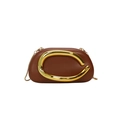Elegant brown leather crossbody bag featuring a golden C-shaped buckle and slim chain - Brown