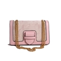 Elegant pink crossbody chain bag featuring 3D floral embroidery and gold metal strap - Pink