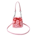 Pink corduroy bucket bag with red heart pattern and silver metal chain handle - Pink